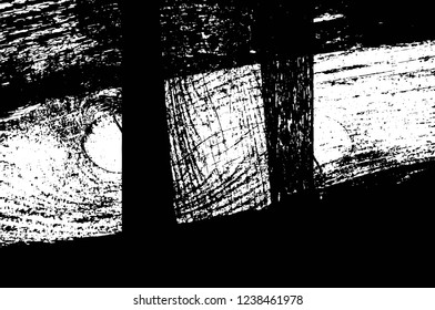 Grunge overlay layer. Abstract black and white vector background. Monochrome vintage surface with dirty pattern in cracks, spots, dots. Old wall in dark horror style design