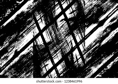 Grunge overlay layer. Abstract black and white vector background. Monochrome vintage surface with dirty pattern in cracks, spots, dots. Old wall in dark horror style design
