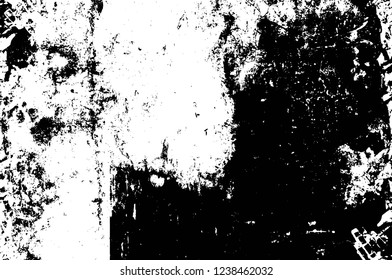 Grunge overlay layer. Abstract black and white vector background. Monochrome vintage surface with dirty pattern in cracks, spots, dots. Old wall in dark horror style design
