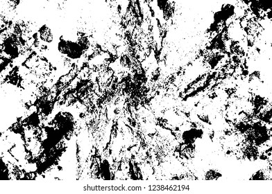 Grunge overlay layer. Abstract black and white vector background. Monochrome vintage surface with dirty pattern in cracks, spots, dots. Old wall in dark horror style design