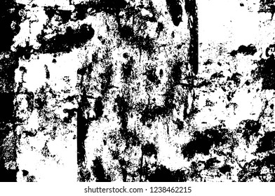 Grunge overlay layer. Abstract black and white vector background. Monochrome vintage surface with dirty pattern in cracks, spots, dots. Old wall in dark horror style design