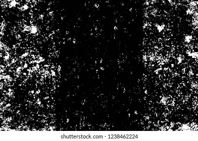 Grunge overlay layer. Abstract black and white vector background. Monochrome vintage surface with dirty pattern in cracks, spots, dots. Old wall in dark horror style design