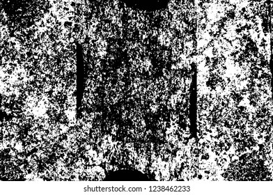 Grunge overlay layer. Abstract black and white vector background. Monochrome vintage surface with dirty pattern in cracks, spots, dots. Old wall in dark horror style design