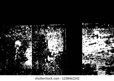 Grunge overlay layer. Abstract black and white vector background. Monochrome vintage surface with dirty pattern in cracks, spots, dots. Old wall in dark horror style design