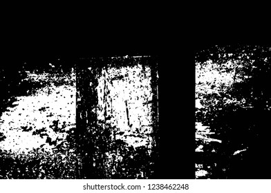 Grunge overlay layer. Abstract black and white vector background. Monochrome vintage surface with dirty pattern in cracks, spots, dots. Old wall in dark horror style design