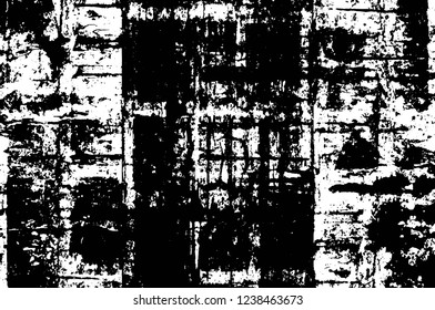 Grunge overlay layer. Abstract black and white vector background. Monochrome vintage surface with dirty pattern in cracks, spots, dots. Old wall in dark horror style design