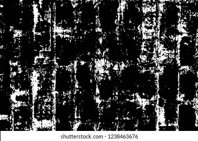 Grunge overlay layer. Abstract black and white vector background. Monochrome vintage surface with dirty pattern in cracks, spots, dots. Old wall in dark horror style design