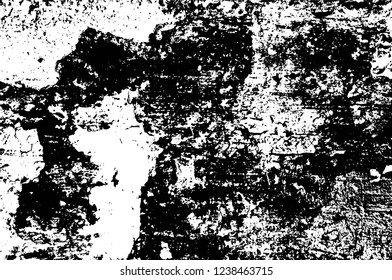 Grunge overlay layer. Abstract black and white vector background. Monochrome vintage surface with dirty pattern in cracks, spots, dots. Old wall in dark horror style design
