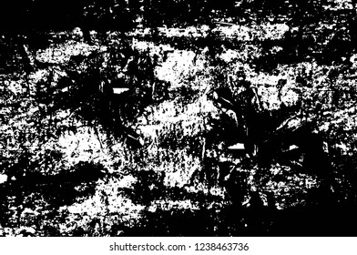 Grunge overlay layer. Abstract black and white vector background. Monochrome vintage surface with dirty pattern in cracks, spots, dots. Old wall in dark horror style design