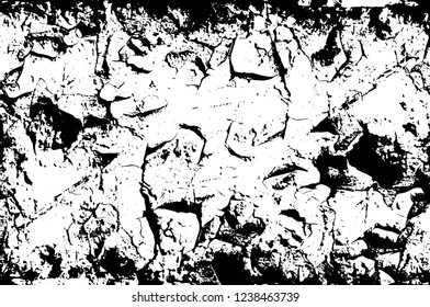 Grunge overlay layer. Abstract black and white vector background. Monochrome vintage surface with dirty pattern in cracks, spots, dots. Old wall in dark horror style design