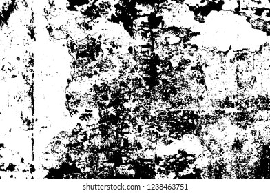Grunge overlay layer. Abstract black and white vector background. Monochrome vintage surface with dirty pattern in cracks, spots, dots. Old wall in dark horror style design