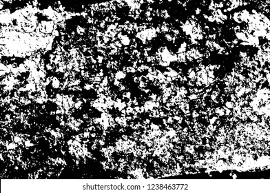 Grunge overlay layer. Abstract black and white vector background. Monochrome vintage surface with dirty pattern in cracks, spots, dots. Old wall in dark horror style design