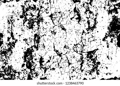 Grunge overlay layer. Abstract black and white vector background. Monochrome vintage surface with dirty pattern in cracks, spots, dots. Old wall in dark horror style design