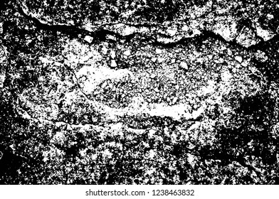 Grunge overlay layer. Abstract black and white vector background. Monochrome vintage surface with dirty pattern in cracks, spots, dots. Old wall in dark horror style design