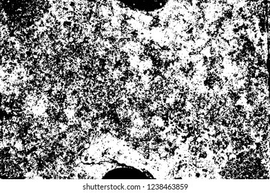 Grunge overlay layer. Abstract black and white vector background. Monochrome vintage surface with dirty pattern in cracks, spots, dots. Old wall in dark horror style design