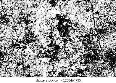 Grunge overlay layer. Abstract black and white vector background. Monochrome vintage surface with dirty pattern in cracks, spots, dots. Old wall in dark horror style design