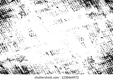 Grunge overlay layer. Abstract black and white vector background. Monochrome vintage surface with dirty pattern in cracks, spots, dots. Old wall in dark horror style design