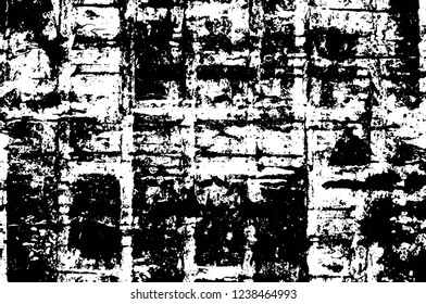 Grunge overlay layer. Abstract black and white vector background. Monochrome vintage surface with dirty pattern in cracks, spots, dots. Old wall in dark horror style design