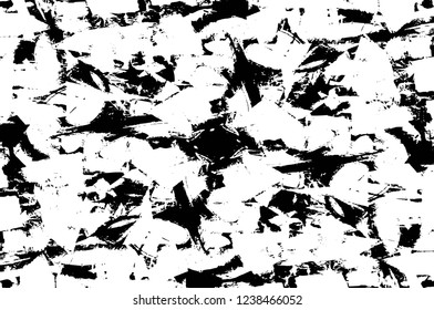 Grunge overlay layer. Abstract black and white vector background. Monochrome vintage surface with dirty pattern in cracks, spots, dots. Old wall in dark horror style design