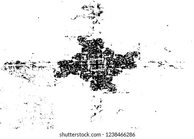 Grunge overlay layer. Abstract black and white vector background. Monochrome vintage surface with dirty pattern in cracks, spots, dots. Old wall in dark horror style design