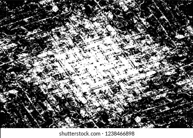 Grunge overlay layer. Abstract black and white vector background. Monochrome vintage surface with dirty pattern in cracks, spots, dots. Old wall in dark horror style design