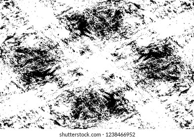 Grunge overlay layer. Abstract black and white vector background. Monochrome vintage surface with dirty pattern in cracks, spots, dots. Old wall in dark horror style design