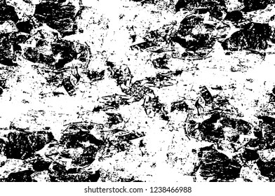 Grunge overlay layer. Abstract black and white vector background. Monochrome vintage surface with dirty pattern in cracks, spots, dots. Old wall in dark horror style design