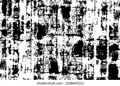 Grunge overlay layer. Abstract black and white vector background. Monochrome vintage surface with dirty pattern in cracks, spots, dots. Old wall in dark horror style design