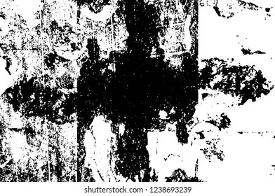 Grunge overlay layer. Abstract black and white vector background. Monochrome vintage surface with dirty pattern in cracks, spots, dots. Old wall in dark horror style design