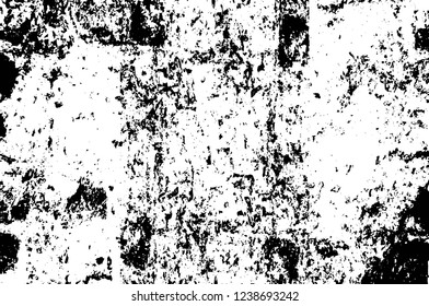 Grunge overlay layer. Abstract black and white vector background. Monochrome vintage surface with dirty pattern in cracks, spots, dots. Old wall in dark horror style design