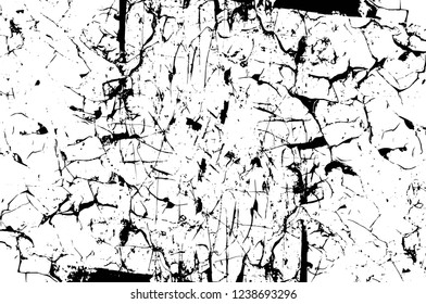 Grunge overlay layer. Abstract black and white vector background. Monochrome vintage surface with dirty pattern in cracks, spots, dots. Old wall in dark horror style design
