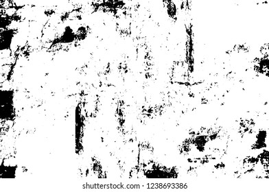 Grunge overlay layer. Abstract black and white vector background. Monochrome vintage surface with dirty pattern in cracks, spots, dots. Old wall in dark horror style design