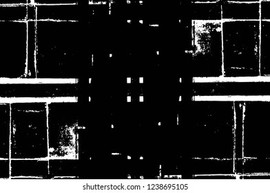 Grunge overlay layer. Abstract black and white vector background. Monochrome vintage surface with dirty pattern in cracks, spots, dots. Old wall in dark horror style design