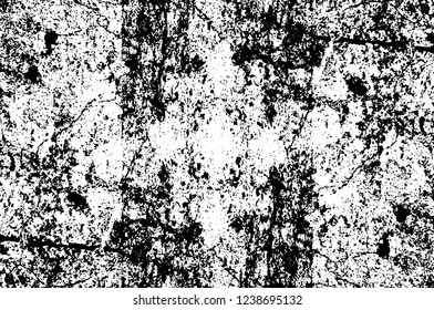 Grunge overlay layer. Abstract black and white vector background. Monochrome vintage surface with dirty pattern in cracks, spots, dots. Old wall in dark horror style design