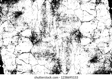 Grunge overlay layer. Abstract black and white vector background. Monochrome vintage surface with dirty pattern in cracks, spots, dots. Old wall in dark horror style design