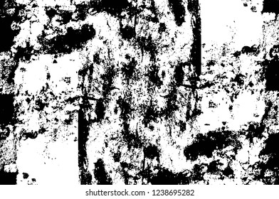 Grunge overlay layer. Abstract black and white vector background. Monochrome vintage surface with dirty pattern in cracks, spots, dots. Old wall in dark horror style design