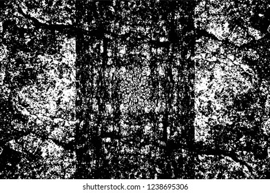 Grunge overlay layer. Abstract black and white vector background. Monochrome vintage surface with dirty pattern in cracks, spots, dots. Old wall in dark horror style design