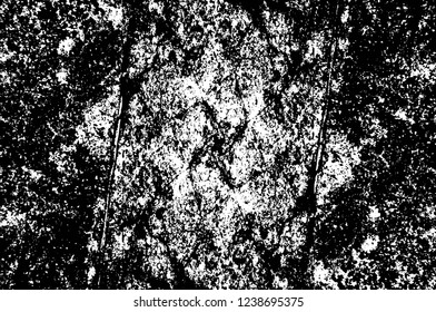 Grunge overlay layer. Abstract black and white vector background. Monochrome vintage surface with dirty pattern in cracks, spots, dots. Old wall in dark horror style design