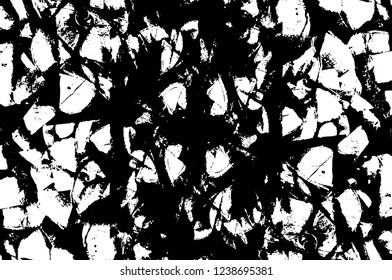 Grunge overlay layer. Abstract black and white vector background. Monochrome vintage surface with dirty pattern in cracks, spots, dots. Old wall in dark horror style design