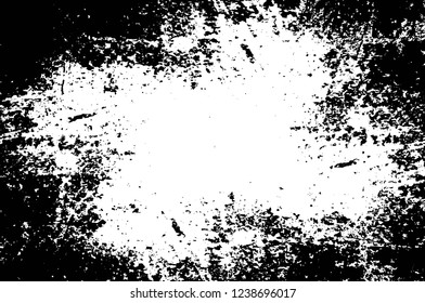 Grunge overlay layer. Abstract black and white vector background. Monochrome vintage surface with dirty pattern in cracks, spots, dots. Old wall in dark horror style design