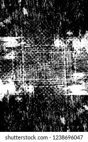 Grunge overlay layer. Abstract black and white vector background. Monochrome vintage surface with dirty pattern in cracks, spots, dots. Old wall in dark horror style design