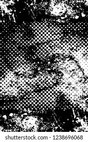Grunge overlay layer. Abstract black and white vector background. Monochrome vintage surface with dirty pattern in cracks, spots, dots. Old wall in dark horror style design