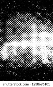 Grunge overlay layer. Abstract black and white vector background. Monochrome vintage surface with dirty pattern in cracks, spots, dots. Old wall in dark horror style design