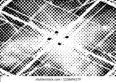 Grunge overlay layer. Abstract black and white vector background. Monochrome vintage surface with dirty pattern in cracks, spots, dots. Old wall in dark horror style design