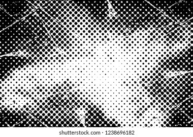 Grunge overlay layer. Abstract black and white vector background. Monochrome vintage surface with dirty pattern in cracks, spots, dots. Old wall in dark horror style design