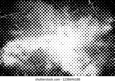 Grunge overlay layer. Abstract black and white vector background. Monochrome vintage surface with dirty pattern in cracks, spots, dots. Old wall in dark horror style design