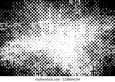 Grunge overlay layer. Abstract black and white vector background. Monochrome vintage surface with dirty pattern in cracks, spots, dots. Old wall in dark horror style design
