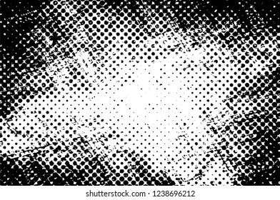 Grunge overlay layer. Abstract black and white vector background. Monochrome vintage surface with dirty pattern in cracks, spots, dots. Old wall in dark horror style design