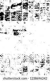 Grunge overlay layer. Abstract black and white vector background. Monochrome vintage surface with dirty pattern in cracks, spots, dots. Old wall in dark horror style design