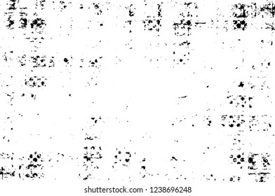 Grunge overlay layer. Abstract black and white vector background. Monochrome vintage surface with dirty pattern in cracks, spots, dots. Old wall in dark horror style design
